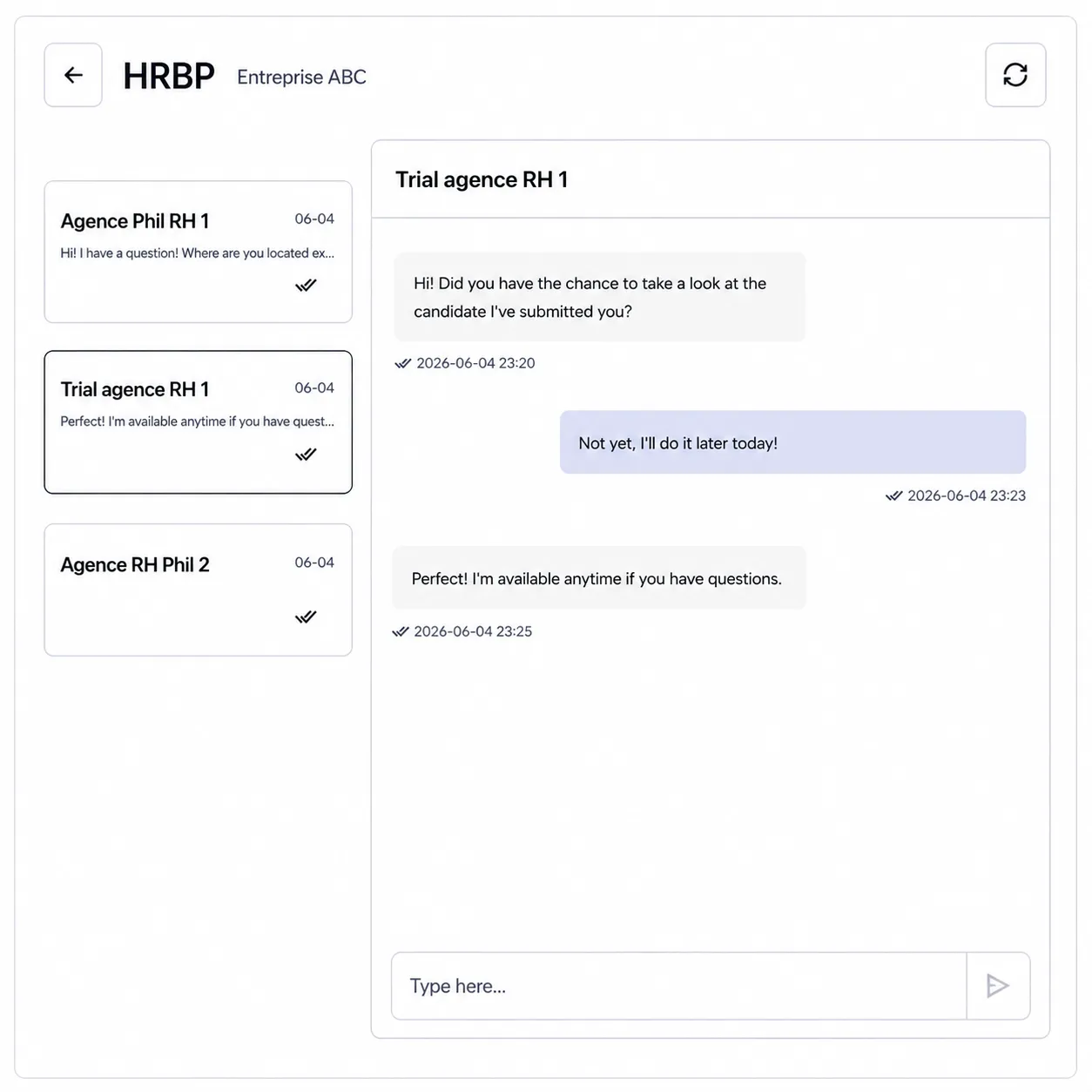 Integrated messaging interface with HR partner options and conversation thread