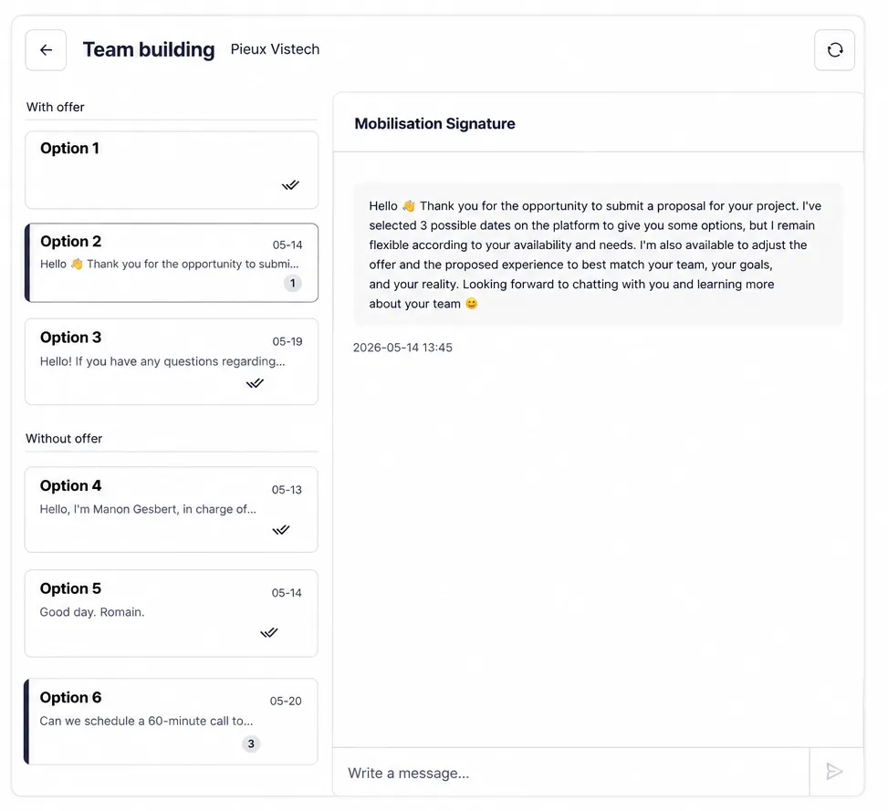 Integrated messaging interface with supplier options and conversation thread