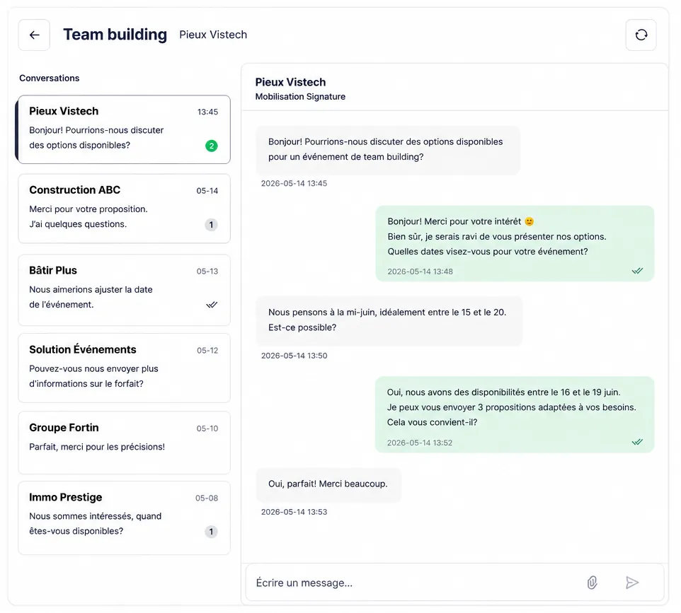 Tableau de bord de messagerie fournisseur avec conversations clients et clavardage en temps réel