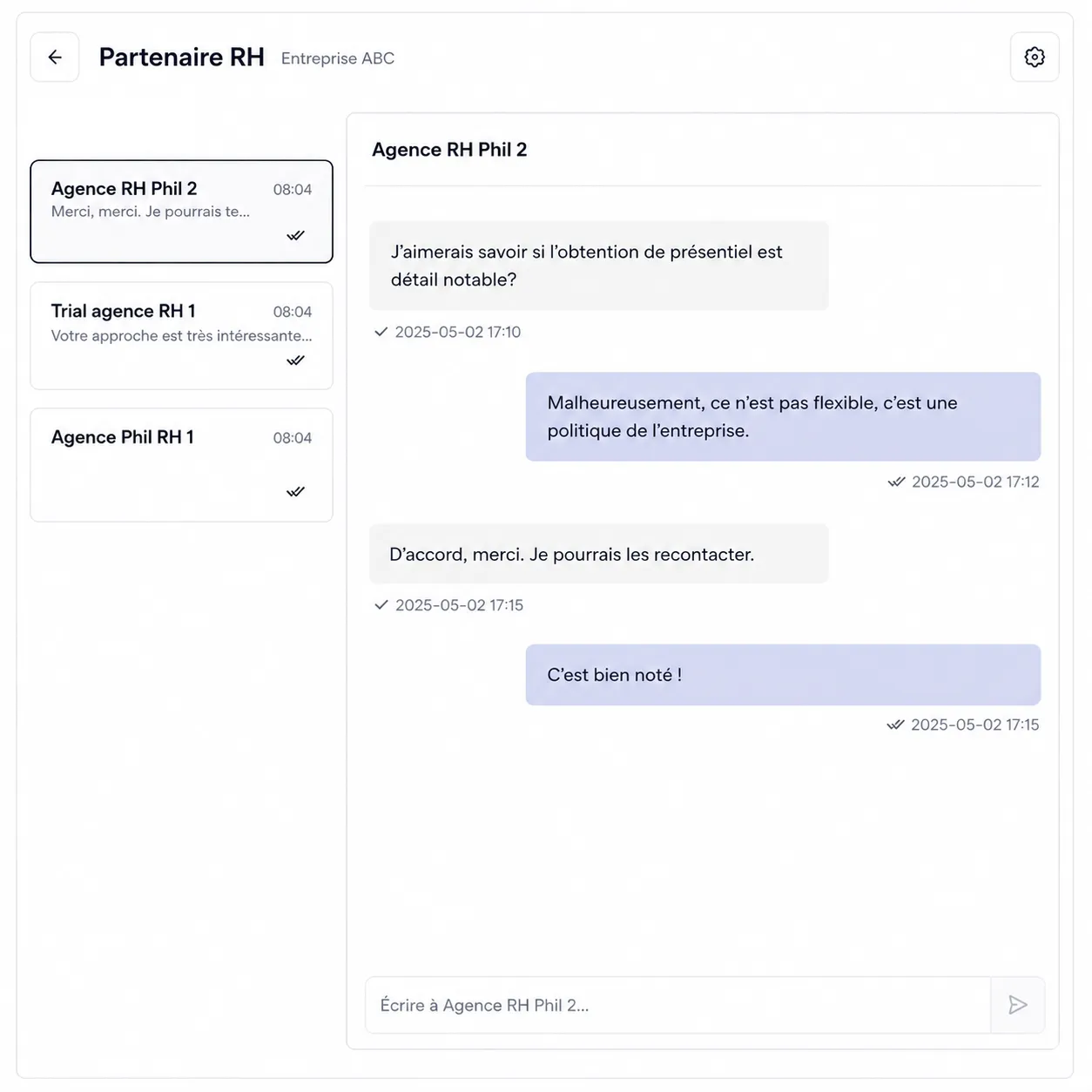 Interface de messagerie intégrée avec options de partenaires RH et fil de discussion