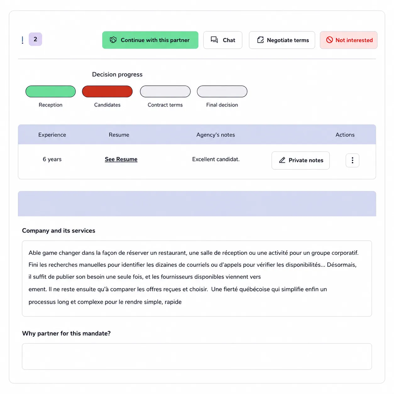 Proposal review screen with continue or decline actions and partnership decision callout
