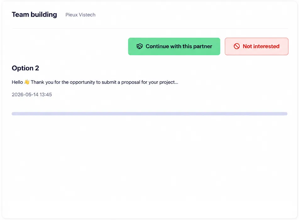 Proposal review screen with continue or decline actions and partnership decision callout