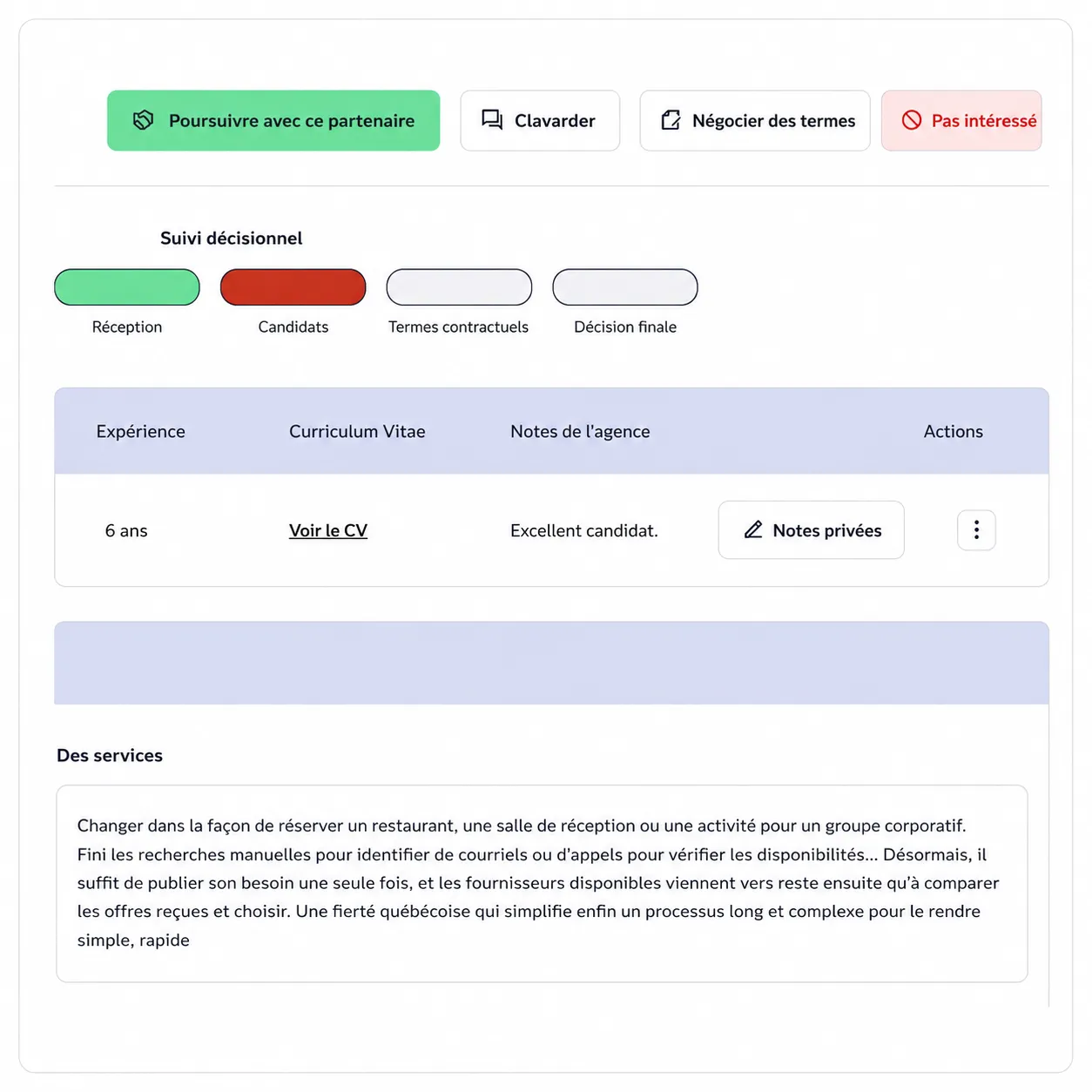 Écran de révision d'offre avec actions poursuivre ou refuser et encadré sur la relation avec le partenaire RH