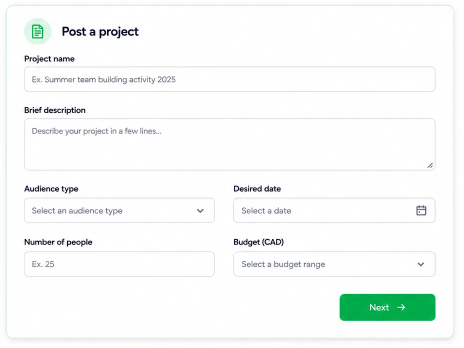 KEHOPS project posting form with project name, description, audience, date, headcount, and budget fields
