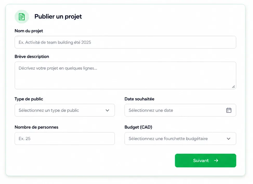 Formulaire de publication de projet KEHOPS avec nom, description, type de public, date, nombre de personnes et budget