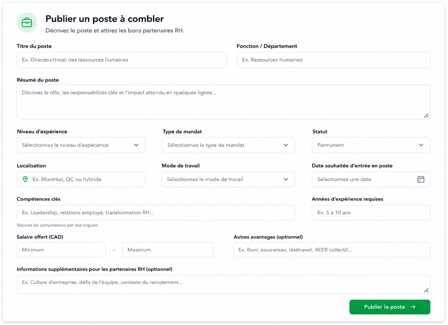 Formulaire de publication de projet KEHOPS avec nom, description, type de public, date, nombre de personnes et budget