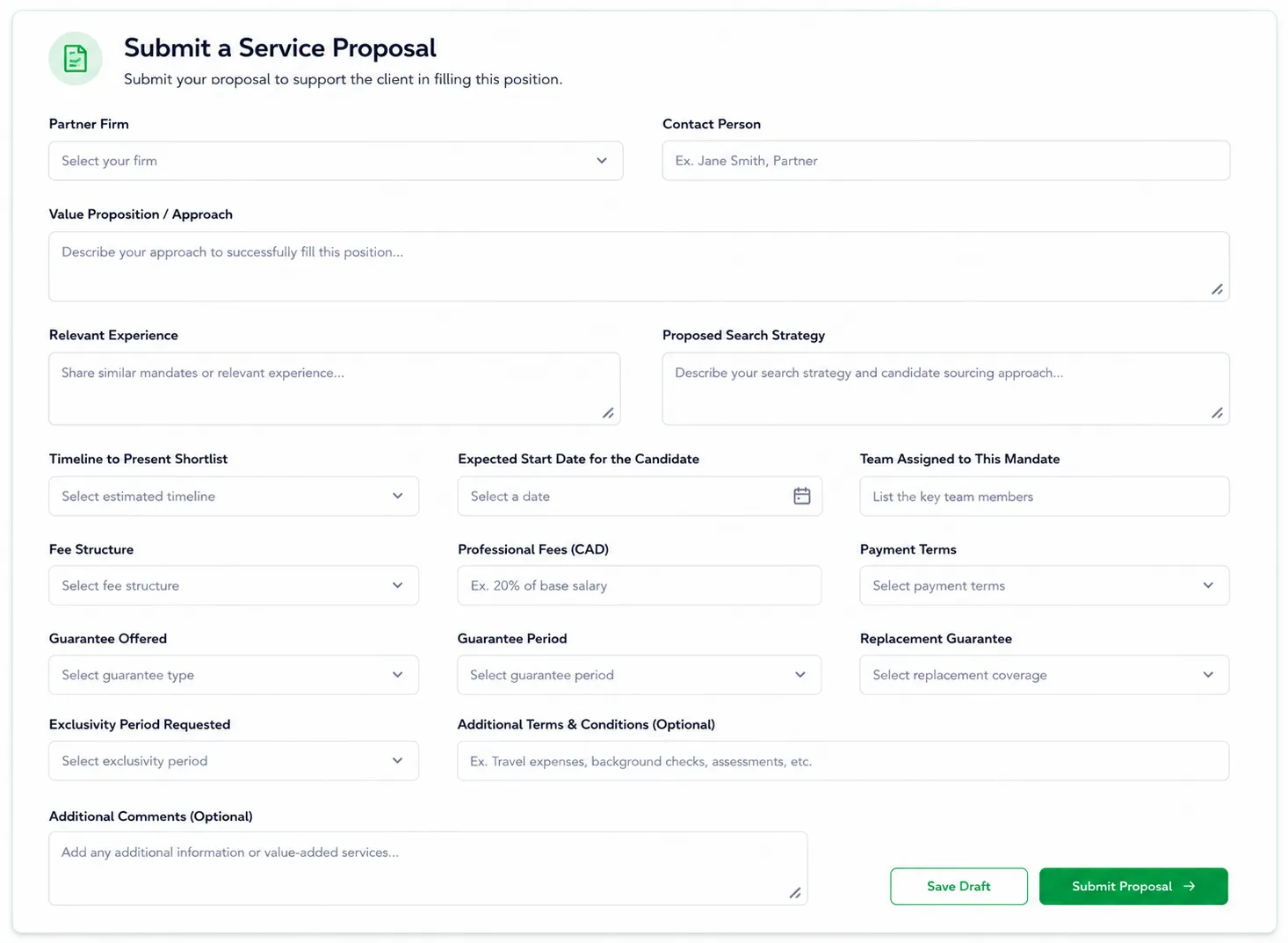 Structured offer submission form with approach, fees, services, and added value