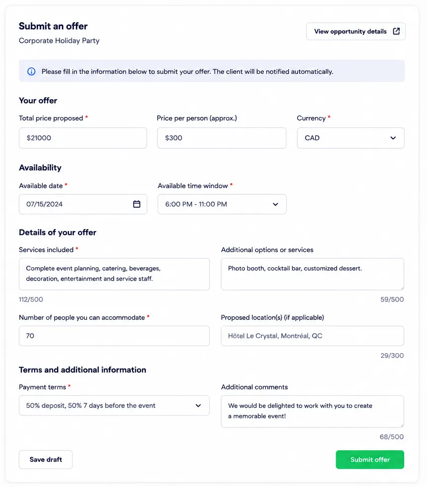 Structured offer submission form with pricing, availability, services, and payment terms