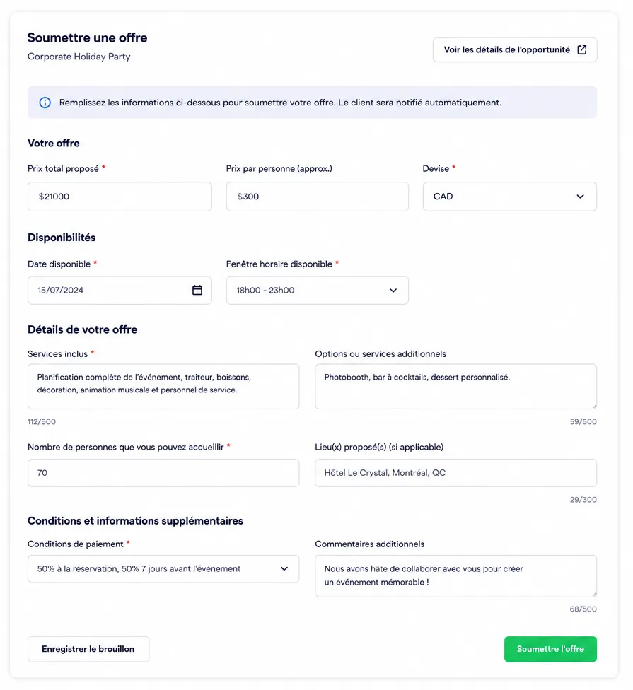 Formulaire structuré de soumission d'offre avec prix, disponibilités, services et conditions de paiement