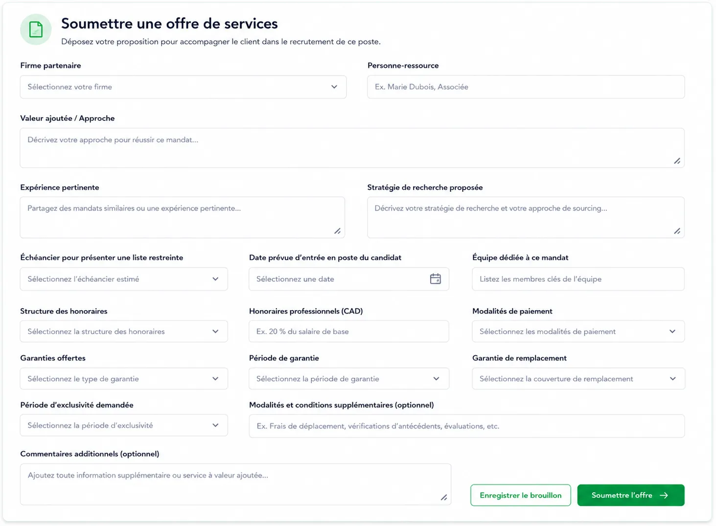 Formulaire structuré de soumission d'offre avec approche, honoraires, services et valeur ajoutée