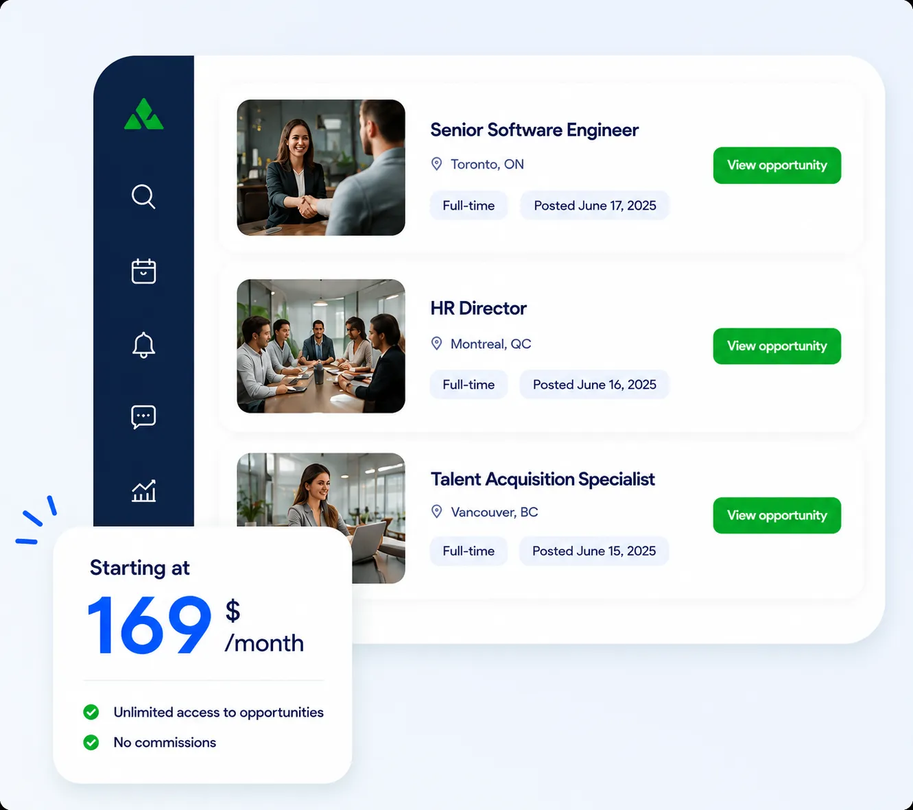 HR service provider dashboard showing job opportunities with a starting price of 169 dollars per month