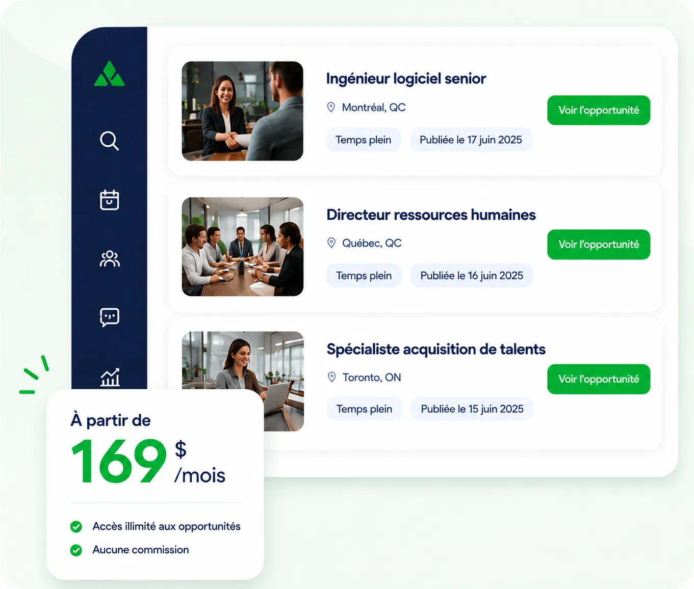 Tableau de bord fournisseur de services RH affichant des opportunités d'emploi avec un prix de départ à 169 dollars par mois