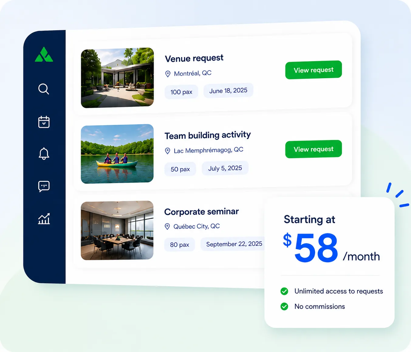 Event and activity provider dashboard showing venue and activity requests with a starting price of 58 dollars per month