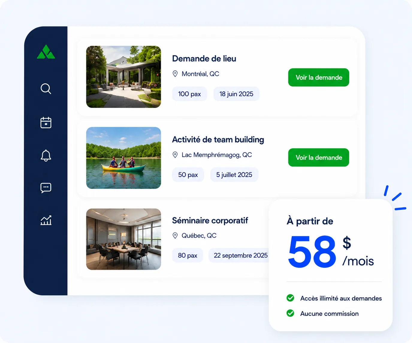 Tableau de bord fournisseur événementiel affichant des demandes de lieux et d'activités avec un prix de départ à 58 dollars par mois